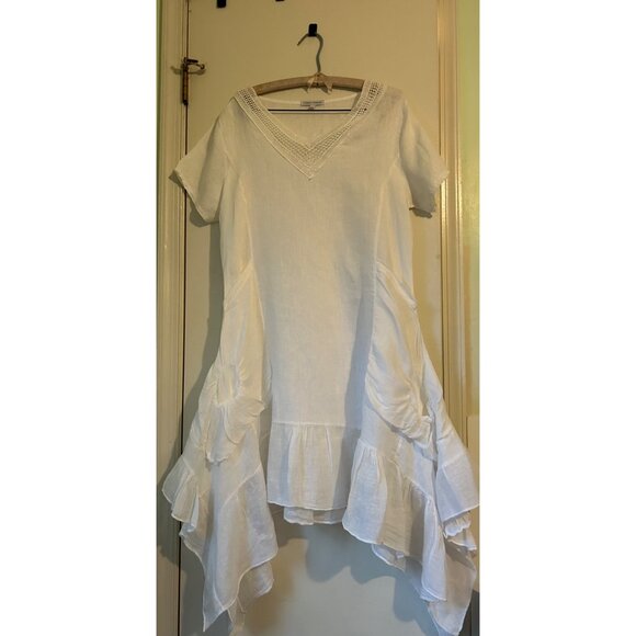 TEMPO PARIS Off White 100% Linen Artsy Dress Rauched Skirt Asymetrical Hem SZ M - Picture 2 of 16